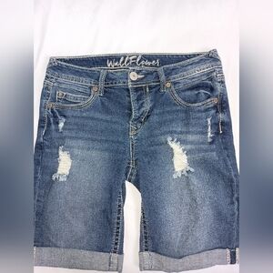 2 FOR $30 WallFlower Blue Denim Bermuda Distressed Grunge Casual Shorts-(#1,391)